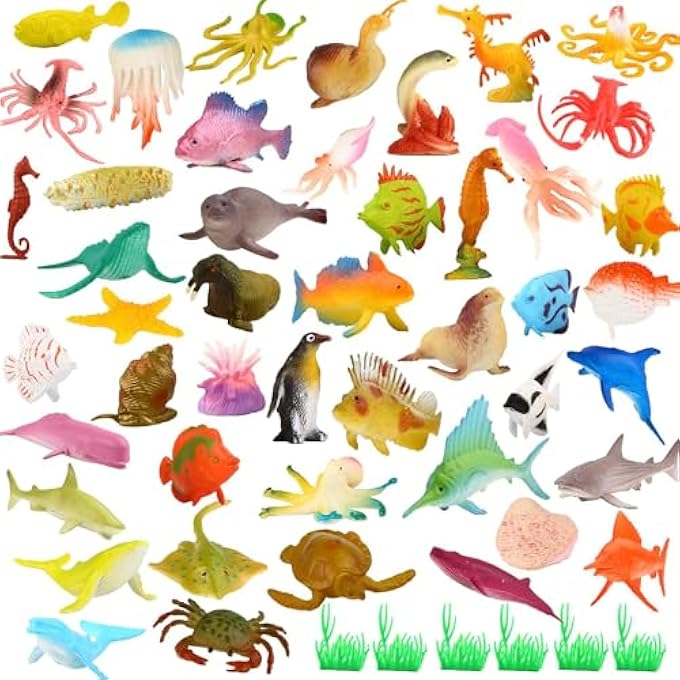 OCEAN SEA ANIMAL, 52 PACK ASSORTED MINI VINYL PLASTIC ANIMAL TOY SET, REALISTIC UNDER THE SEA LIFE FIGURE BATH TOY FOR CHILD EDUCATIONAL PARTY CAKE CUPCAKE TOPPER,OCTOPUS SHARK OTTER - Image 2